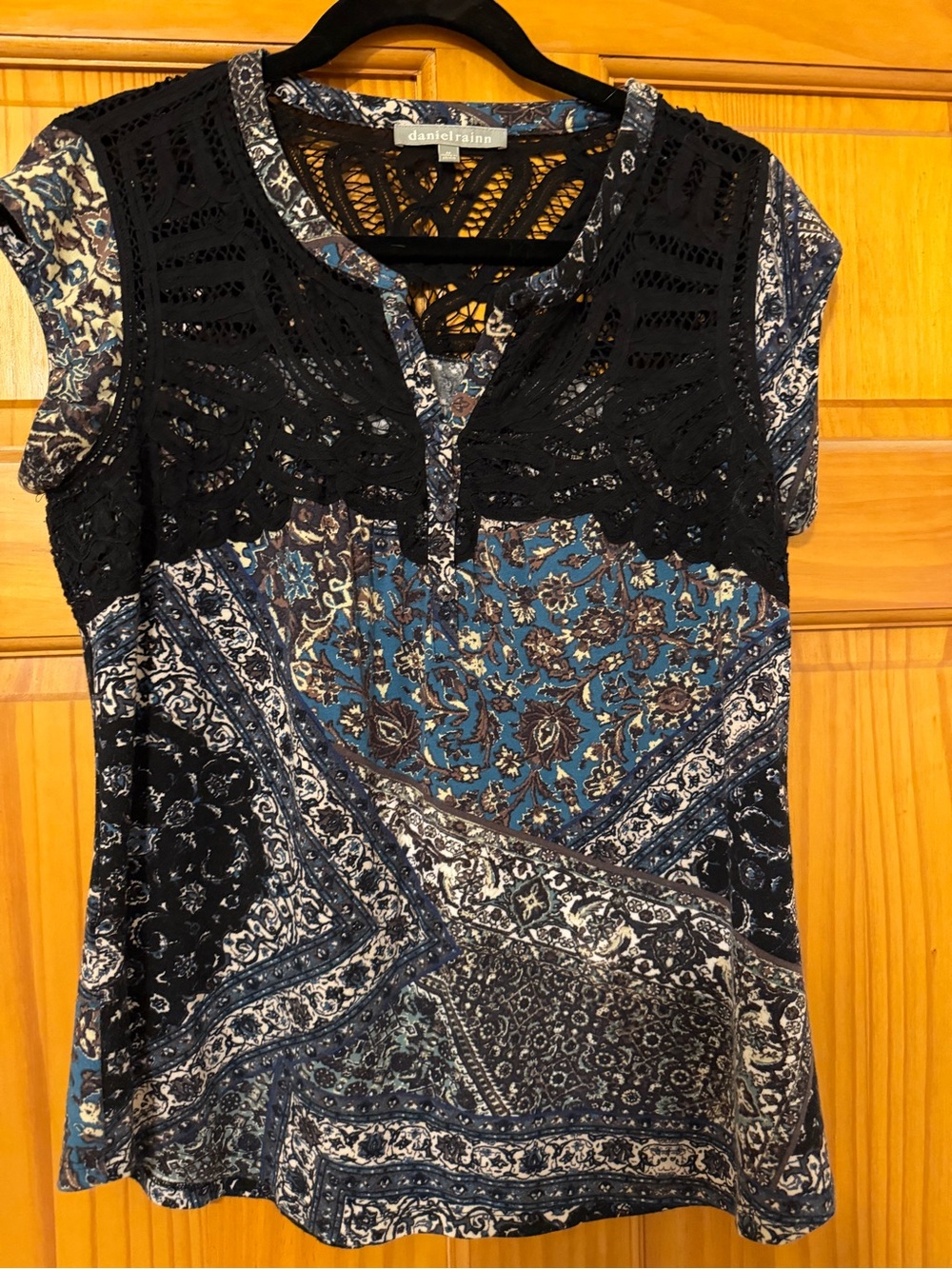 Daniel Rainn Black Crochet Yoke Blue Paisley Mixed-Print Top